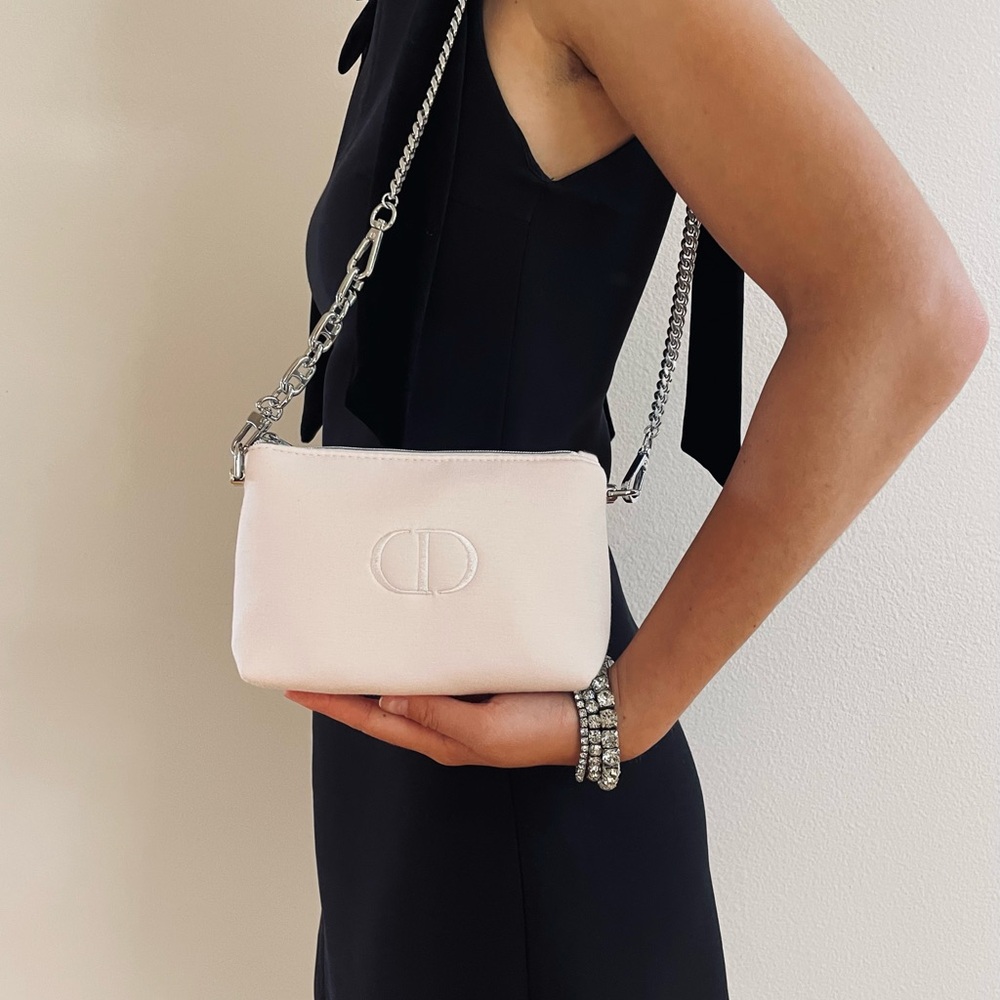 DIOR Elegant Cream Shoulder Bag metal silver chain logo purple clutch wristlet